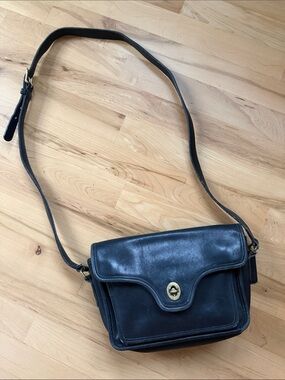 Coach Black Leather Crossbody Bag with Gold-Tone Turn Lock